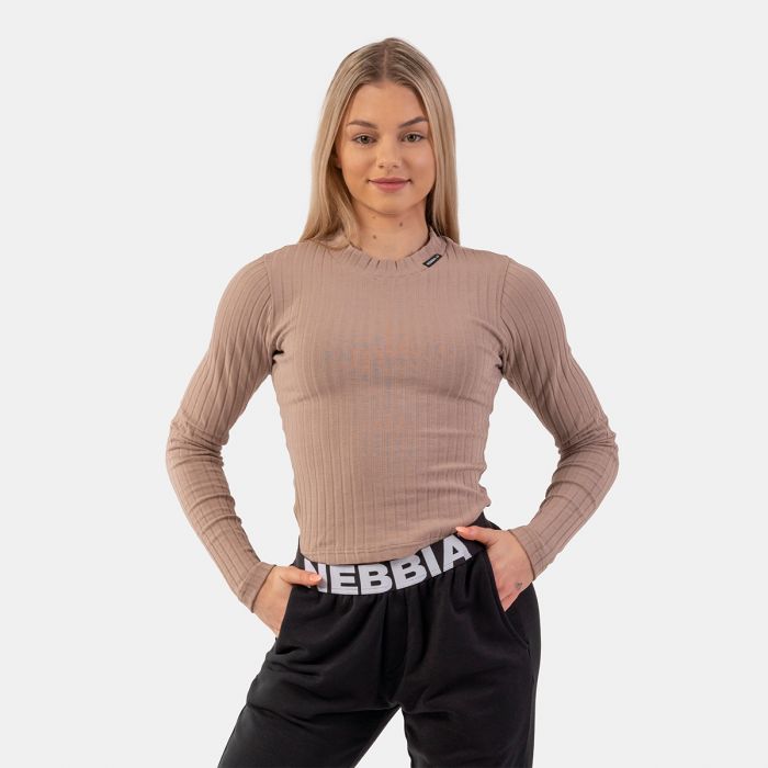 Women's Ribbed Long Sleeve Top Organic Cotton Brown - NEBBIA